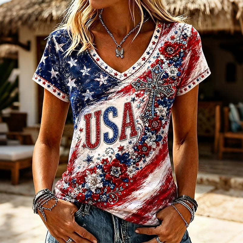 Women's Vintage Independence Day Flag Flower Art V-neck Short Sleeve T-shirt