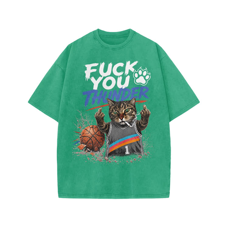 Vintage Cat Basketball Graphic Print Acid Washed T-shirt