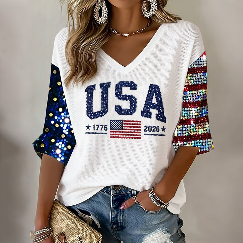 Women's Retro Independence Day Flag Art Three-quarter Sleeve V Neck Linen Tops