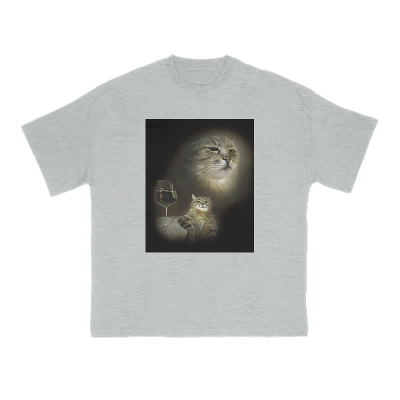 Unisex Cat And Wine Print T-shirt