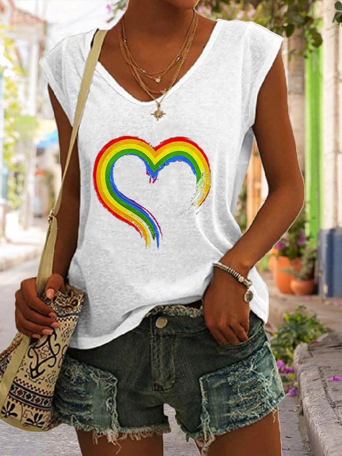 Rainbow Heart Print Casual T-Shirt
