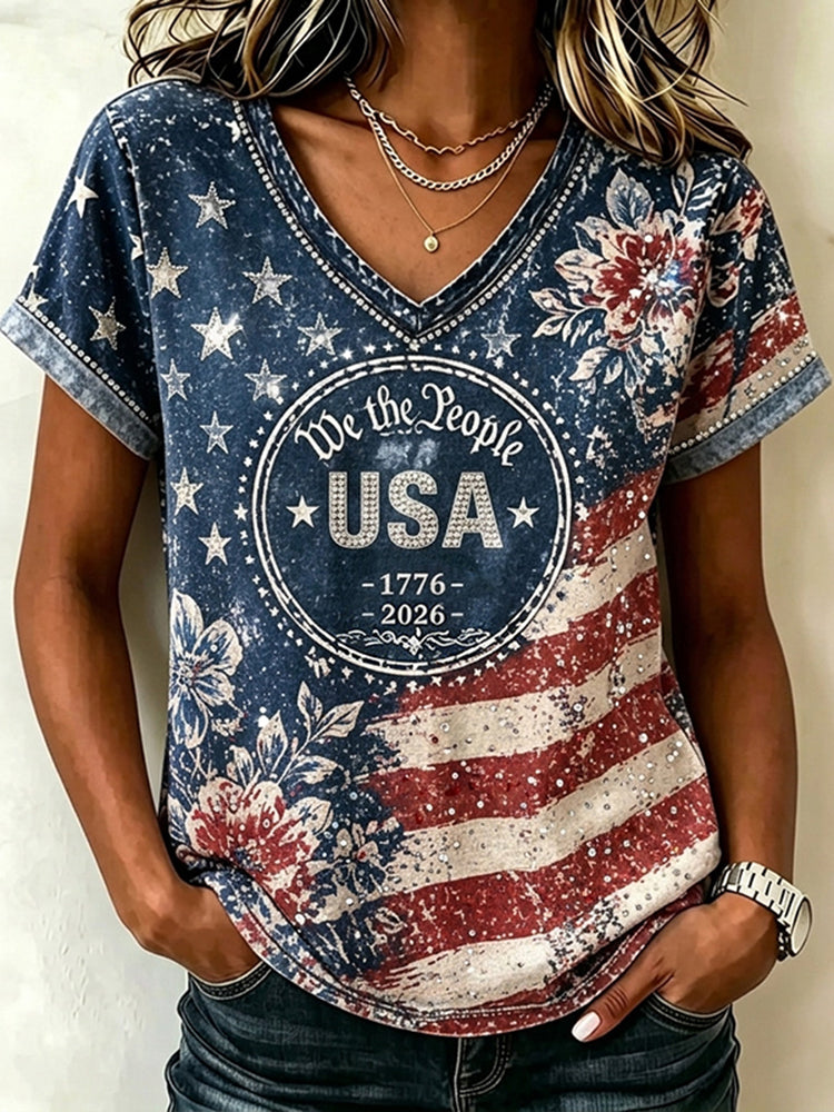 Women's Retro Independence Day Rhinestone Flag And Floral Pattern T-shirt