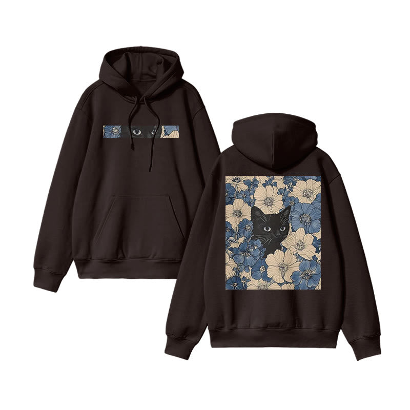 Black Cat In A Patchwork Flower Field Print Hoodie