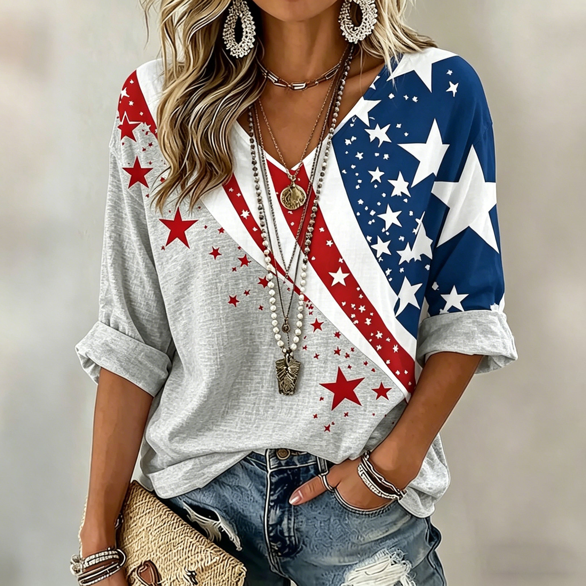 Women's  Flag Art Three-quarter Sleeve V Neck Linen Tops