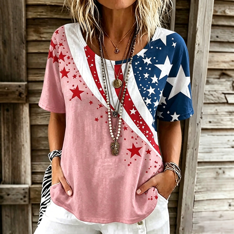Women's Vintage Floral Flag Patchwork Art Print Tshirt
