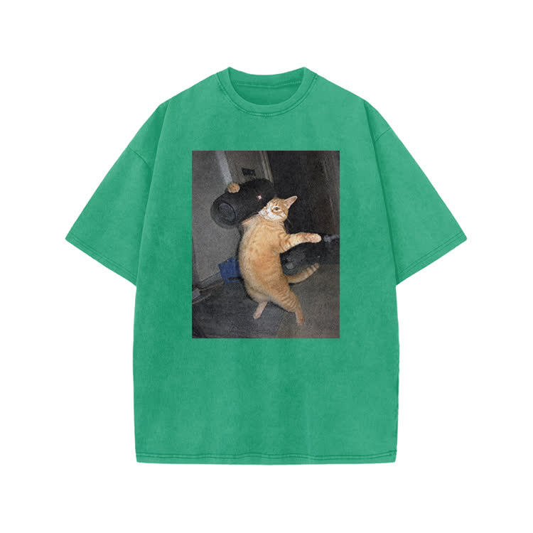 Vintage Minimal Streetwear Cat Graphic Print Acid Washed T-Shirt