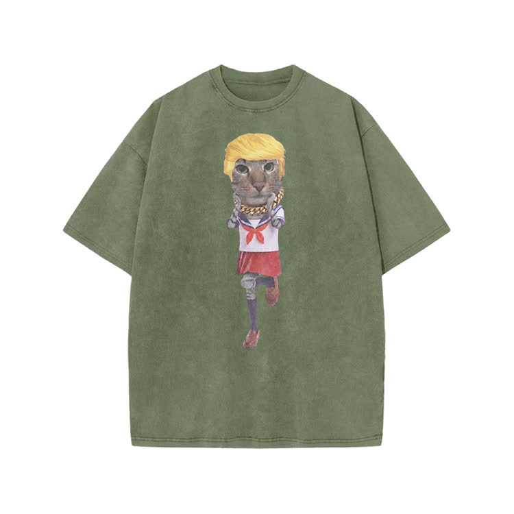 Playful Cartoon Cat Graphic Print Acid Washed T-shirt