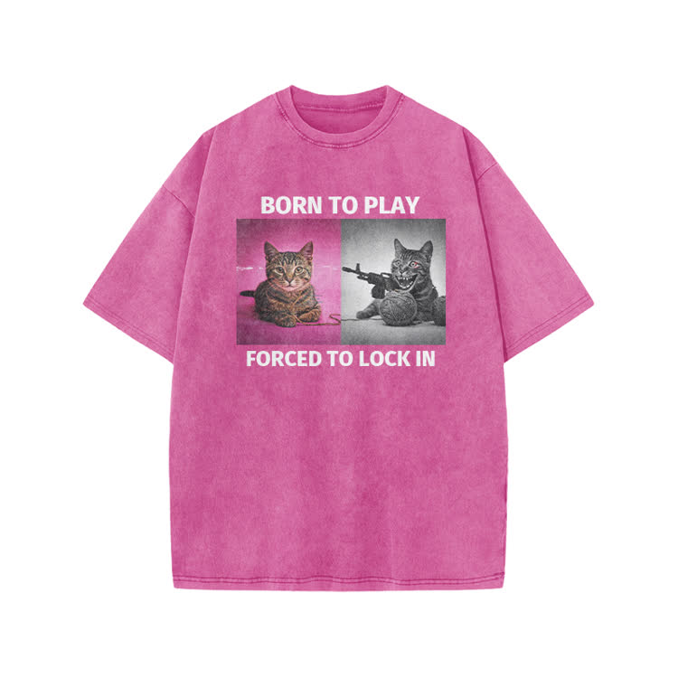 Casual Born to Play Cat Graphic Print Acid Washed T-shirt