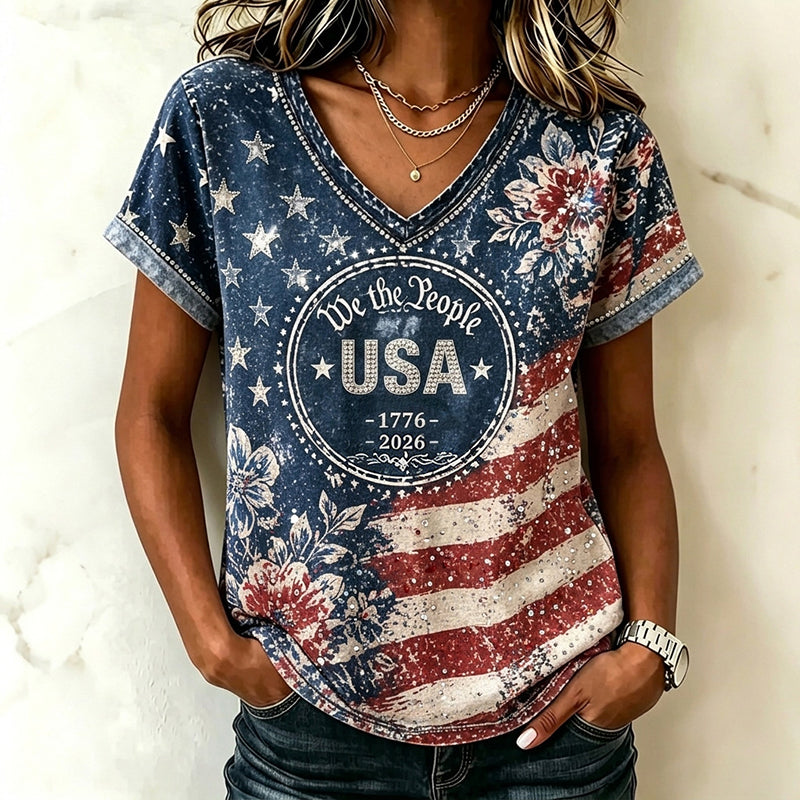 Women's Retro Independence Day Rhinestone Flag And Floral Pattern T-shirt