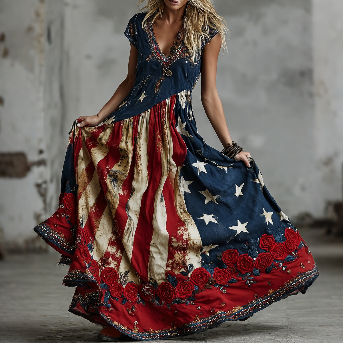 Women's Vintage Floral Flag Art Print Maxi Dress