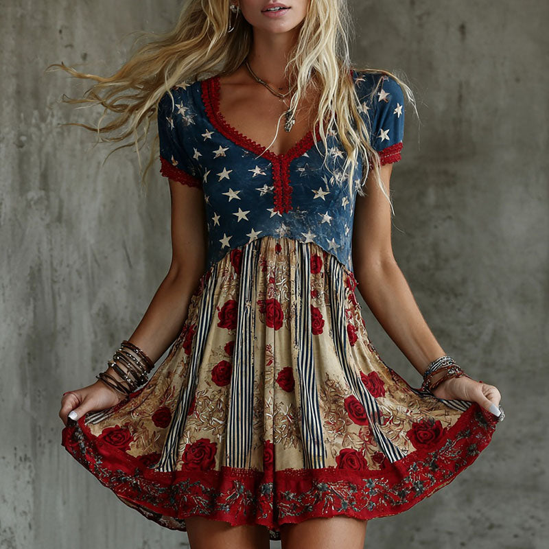 Women's Vintage Rose Flag Art Stripe Print Mini Dress