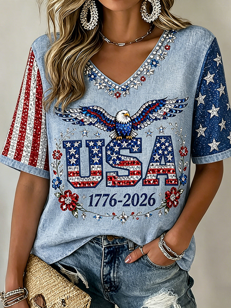 Women's Retro Flag Rhineston Pattern Casual T-shirt