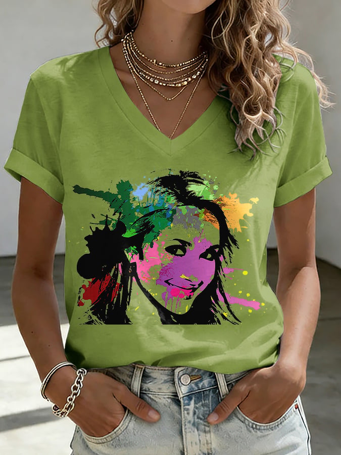 V-Neck Retro Watercolor Painting Print T-Shirt