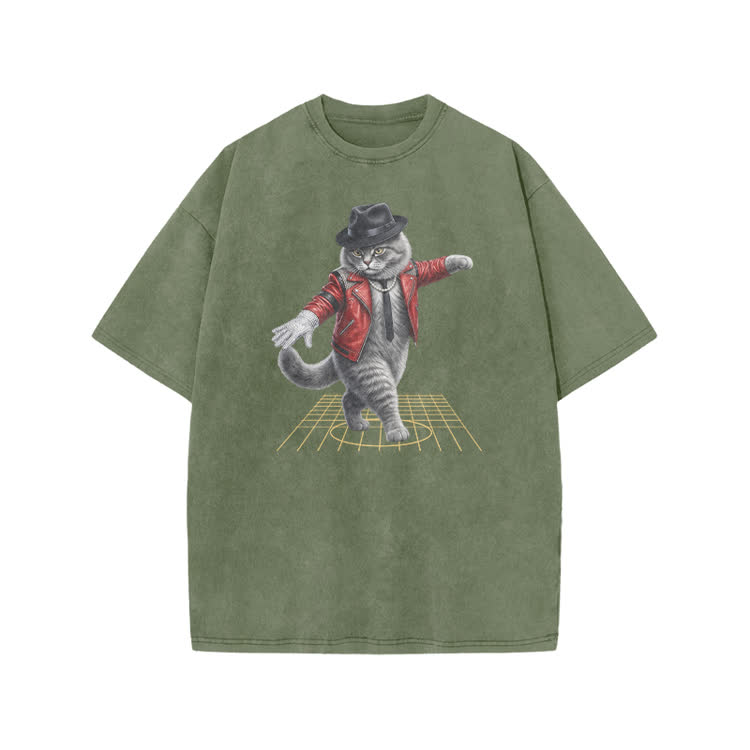 Vintage Dancing Cat Graphic Print Acid Washed T-shirt