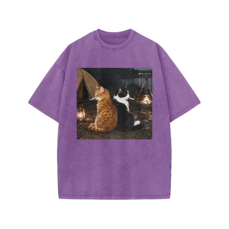 Vintage Camping Cats Graphic Print Acid Washed T-shirt