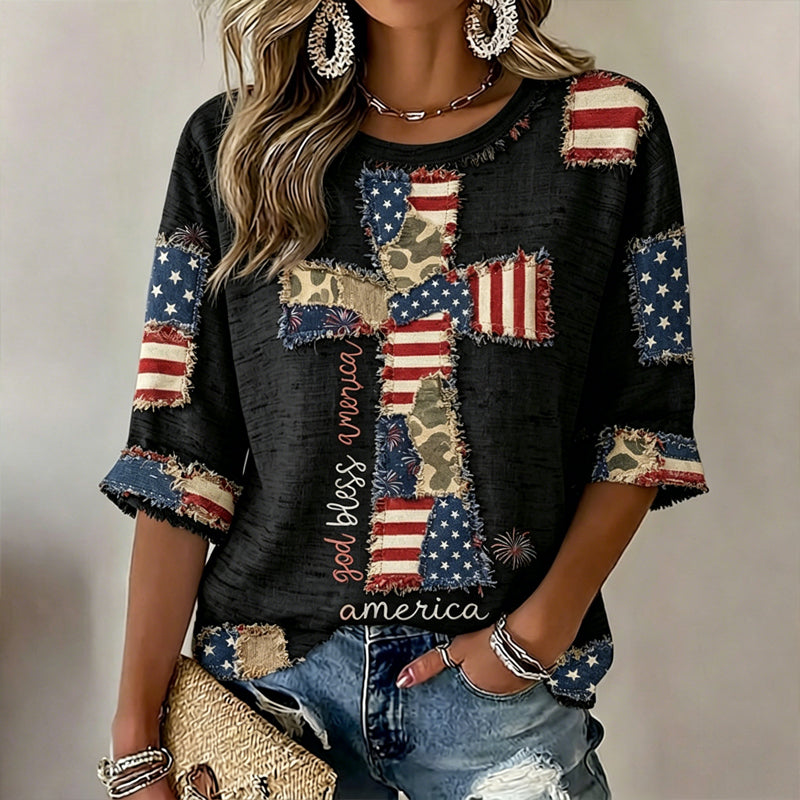 Women's  Flag In Faith Art Three-quarter Sleeve V Neck Linen Tops