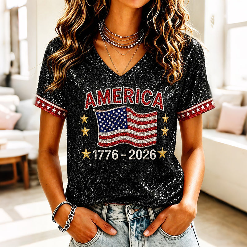 Women's American Anniversary Sequins Print Casual T-shirt