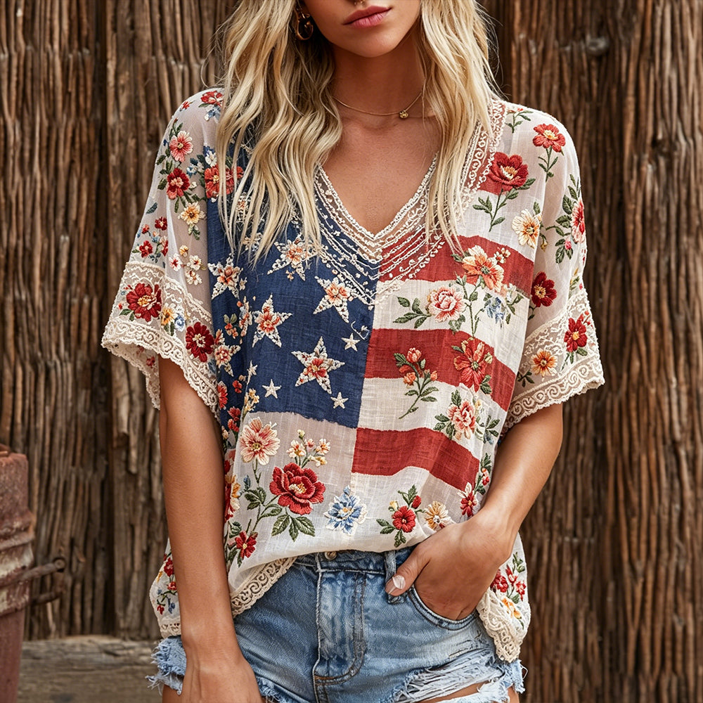 Retro Flag And Rose Embroidery Art V-neck Short Sleeve Top