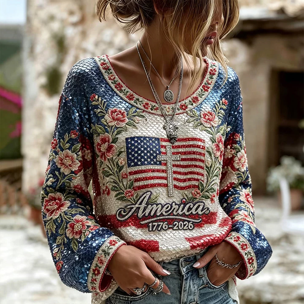 Women's Retro Independence Day Flag And Floral Art Color Block Casual V-neck Top