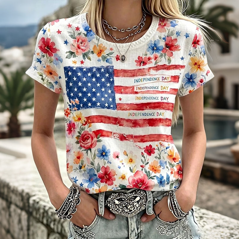 Women's Flag Flower Art Print Crew Neck Short Sleeve T-shirt