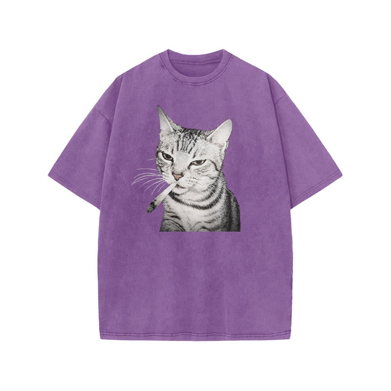 Tabby Cat With A Cigarette In Its Mouth Print Acid Washed T-shirt