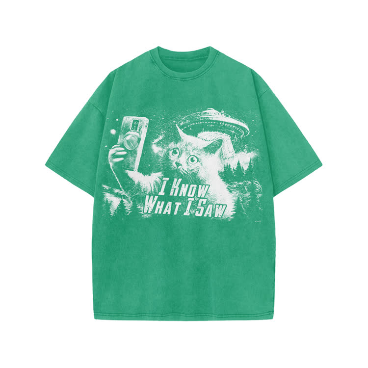 Vintage Sci Fi Novelty Alien Cat Graphic Washed T-Shirt