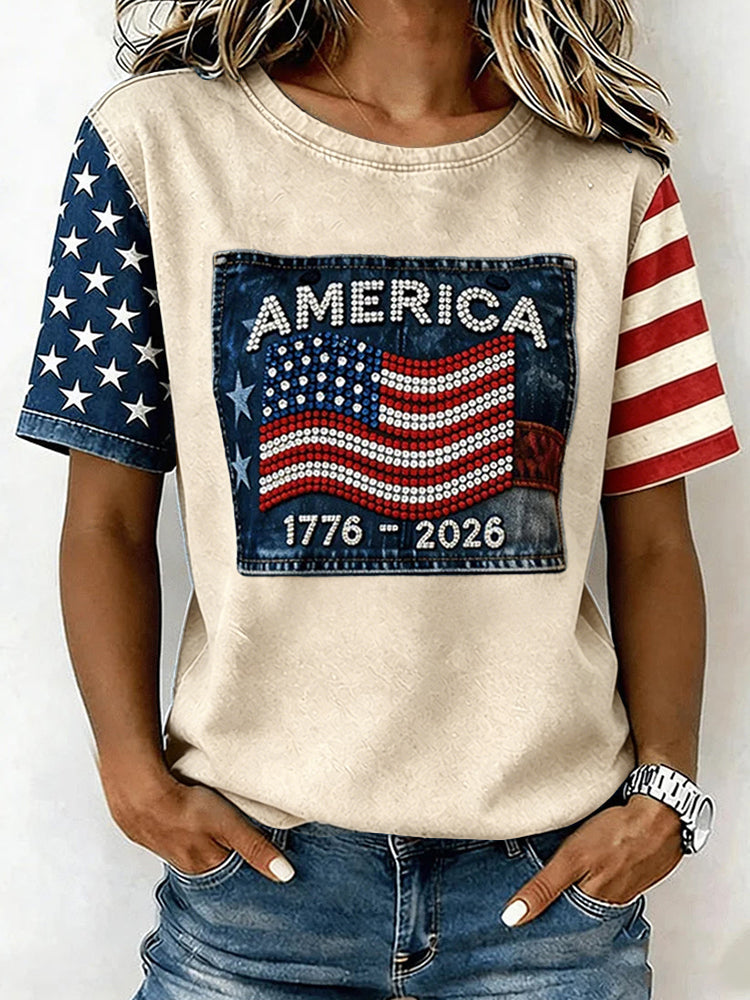 Women's Retro Independence Day Flag Printed T-shirt