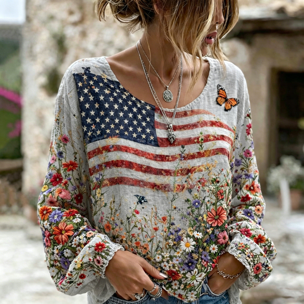 Women's Independent Flag Floral Print Crew Neck Linen Blend T-shirt