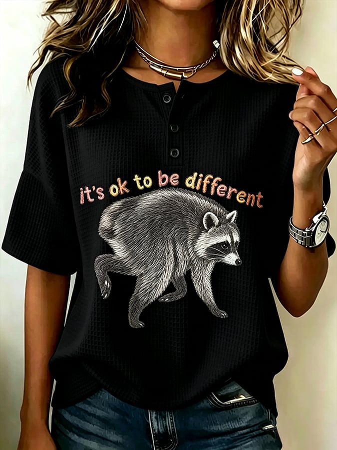 Women's Jimothy Raccoon Seattle Printing Waffle Short Sleeved Shirt