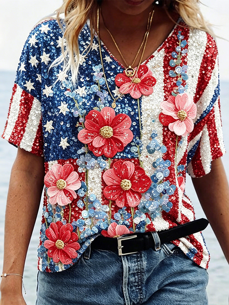 Usa Glitter Flag With Flowers Art V Neck Comfy T Shirt