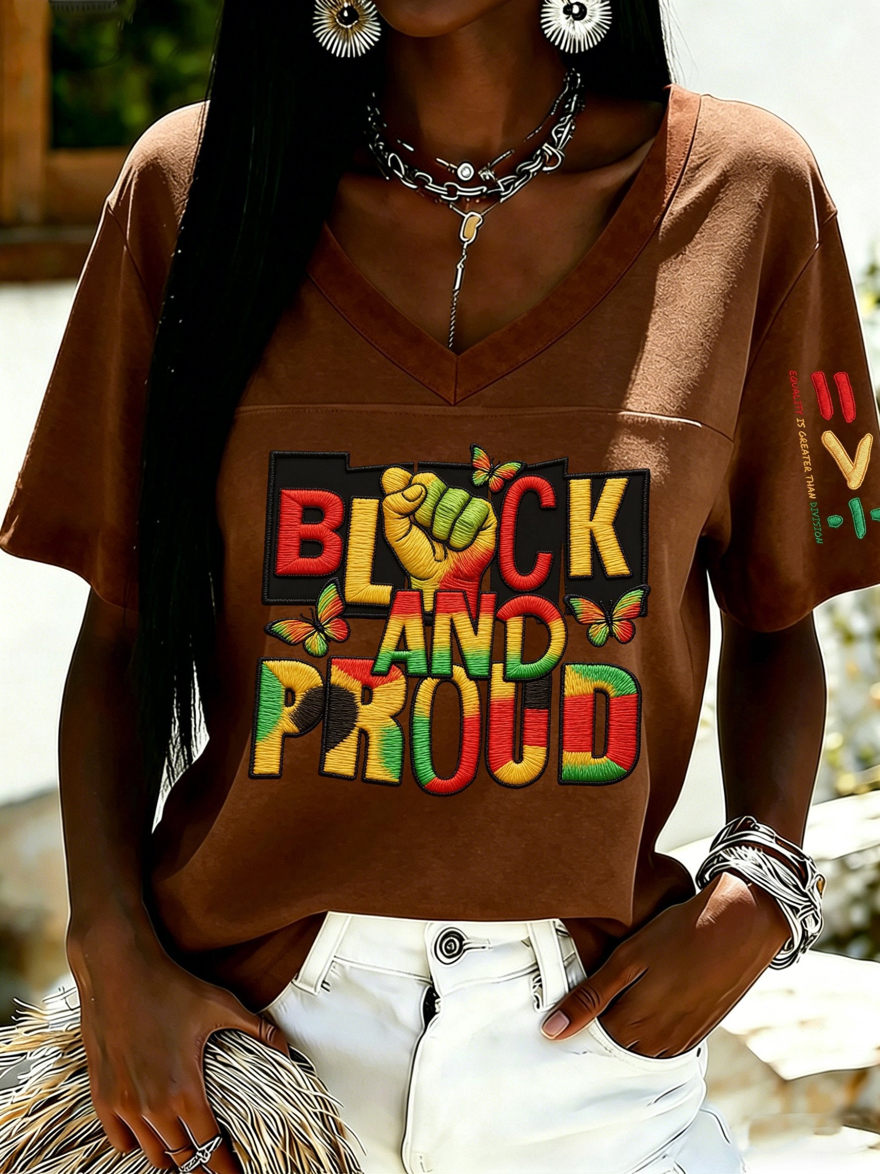 African American Women's Juneteenth Print V-Neck Top