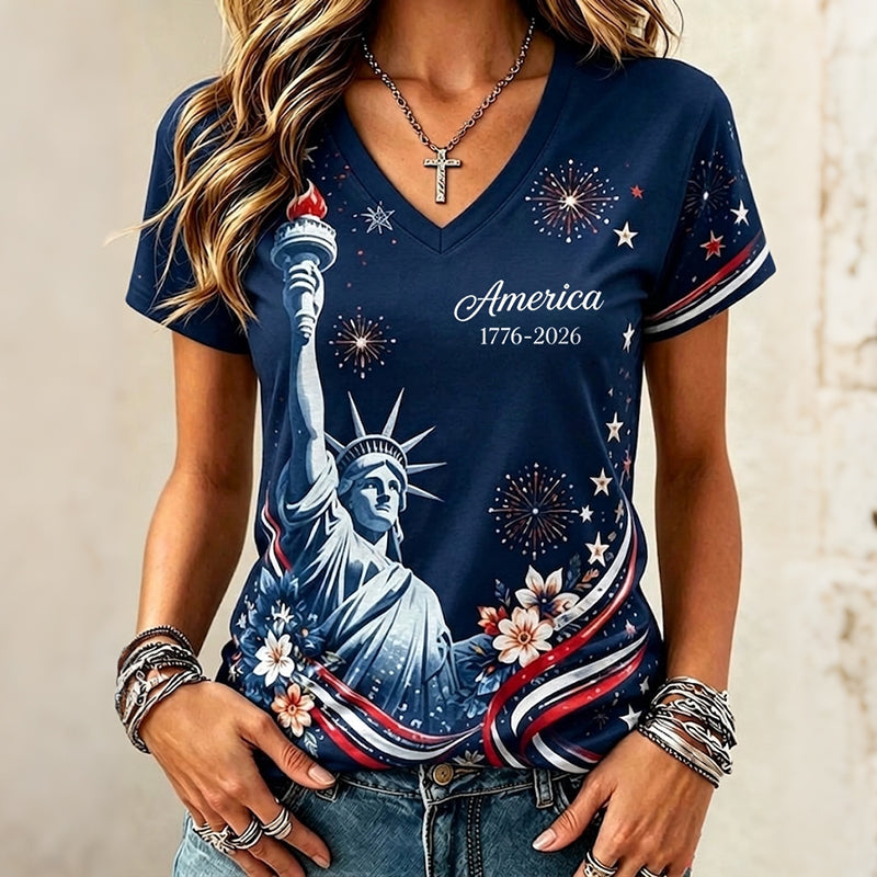 Women's Independence Day Print V-neck Short Sleeve T-shirt