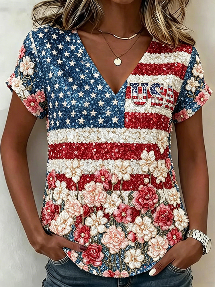 Usa Glitter Flag With Flowers Art Vintage Cozy T Shirt