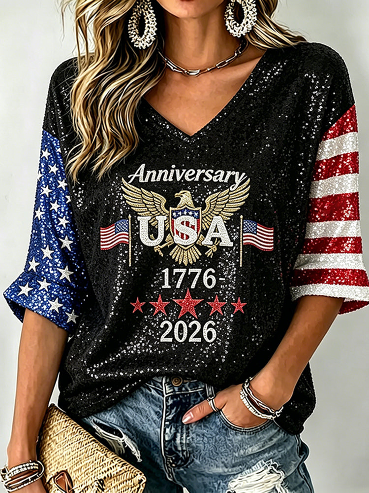 Women's Retro Independence Day Eagle Three-quarter Sleeve V Neck Linen Tops