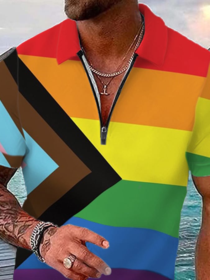 Men's Rainbow Short Sleeve Casual POLO Shirt Shorts Set
