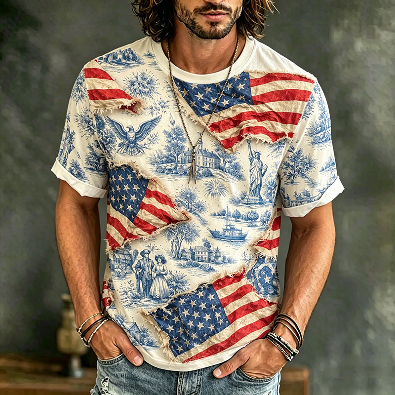Men's Flag Art Print Flowy Linen Blend Short Sleeve Tshirt