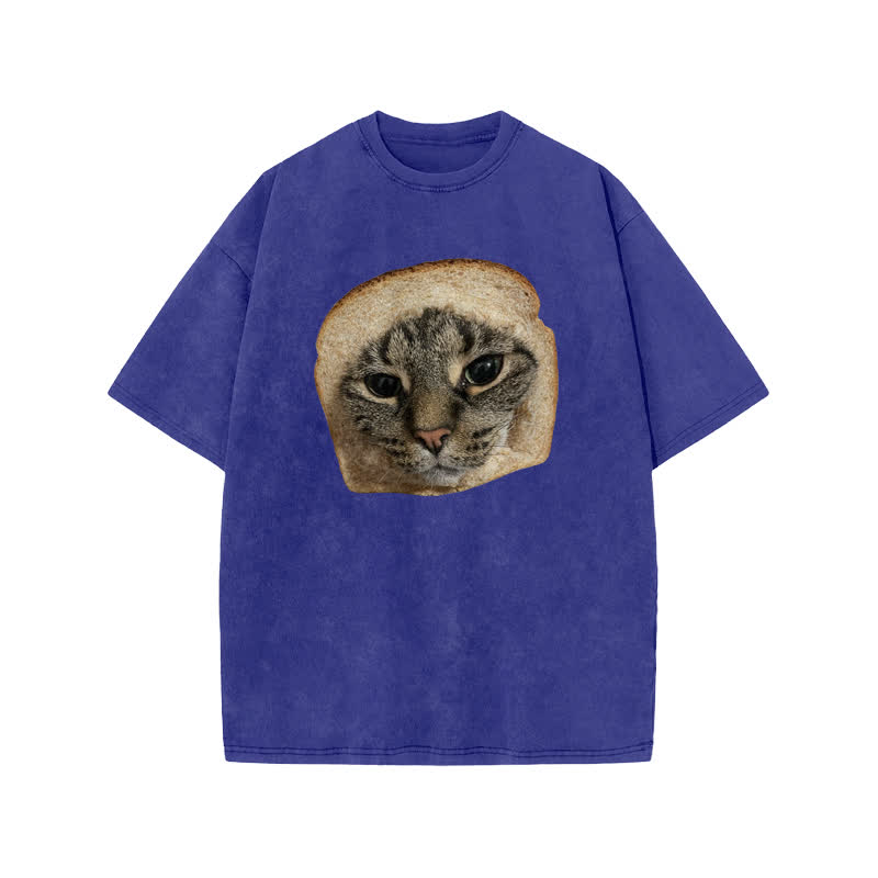 Unisex Toast Cat Print Acid Washed T-shirt