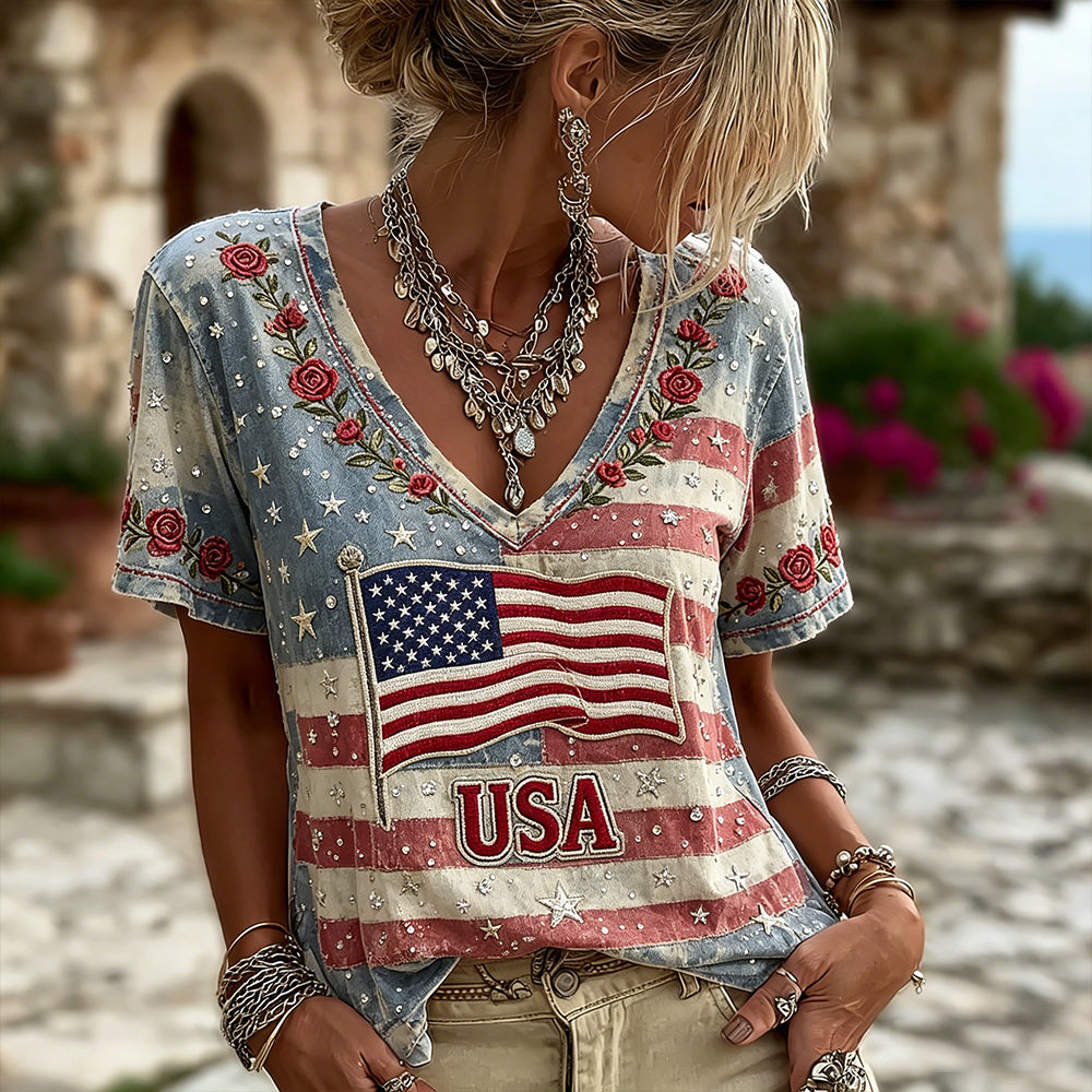 Women's American Flag And Floral Art Print Casual T-shirt