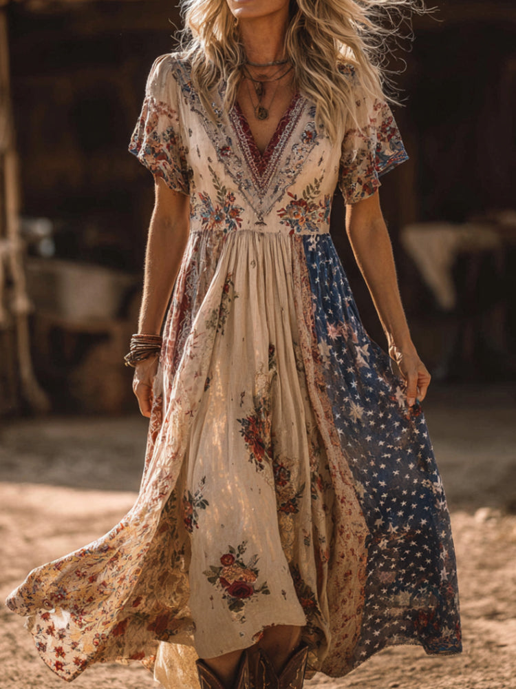 Vintage Floral And Star Art Patchwork Casual V-neck Short Sleeve Dress