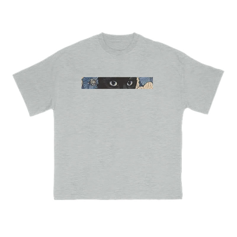 Black Cat In Flower Field Print T-shirt