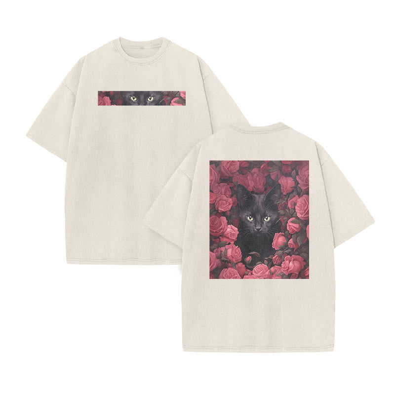 A Black Cat Hidden Among Clusters Of Magenta Roses Print Acid Washed T-shirt