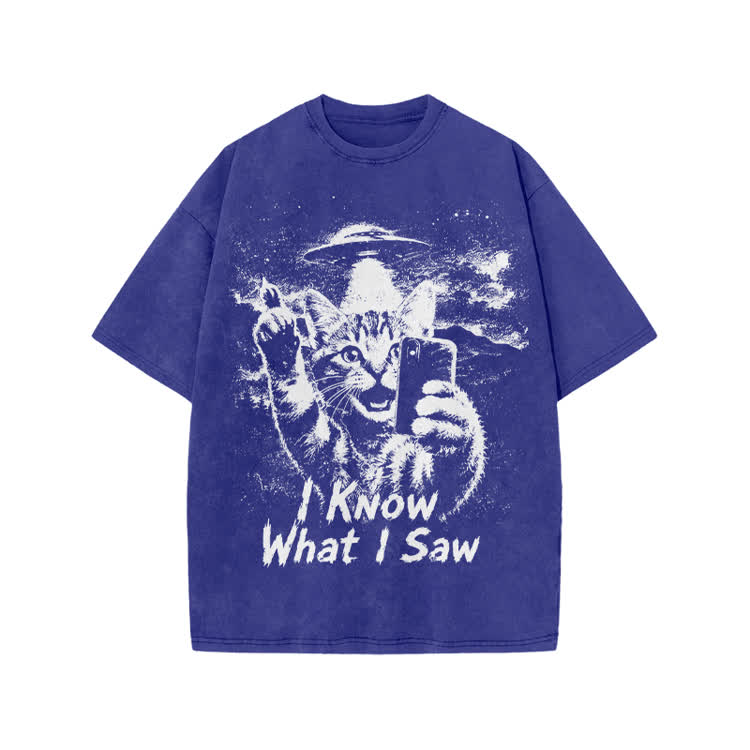 Casual I Know What I Saw Cat UFO Graphic Washed T-Shirt