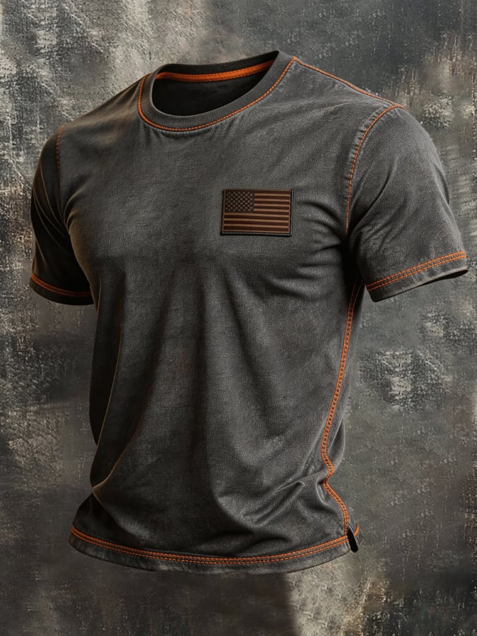 Men's Vintage-Style Washed Cotton T-Shirt with Contrast Stitching
