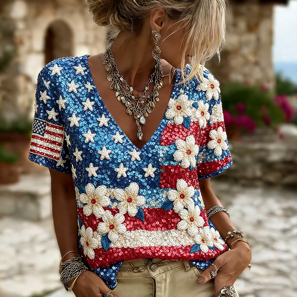 Usa Glitter Flag With Flowers Art V Neck Cozy T Shirt