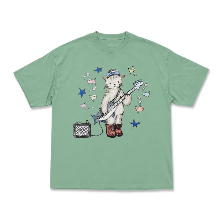 Artistic Star and Fish Guitar Cat Illustration T-Shirt
