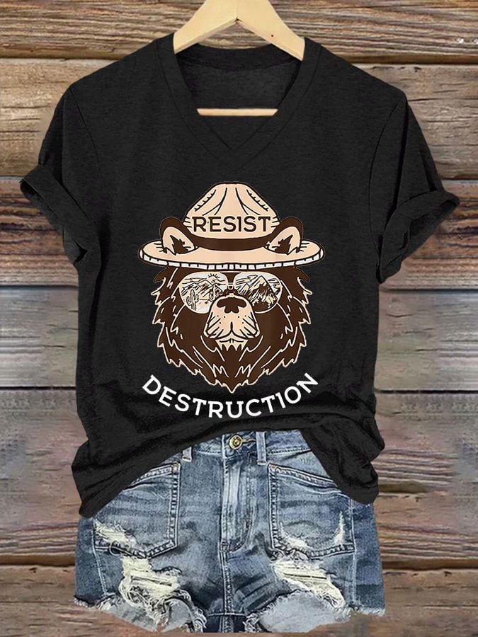 Women's Resist Bear Printed V Neck T-shirt