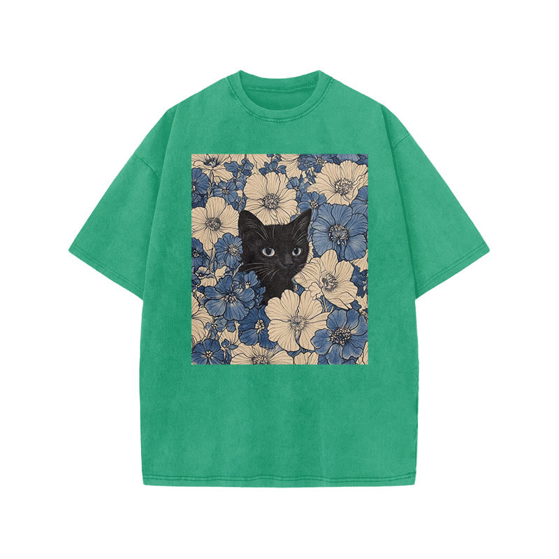 Black Cat In A Patchwork Flower Field Front Print Acid Washed T-shirt