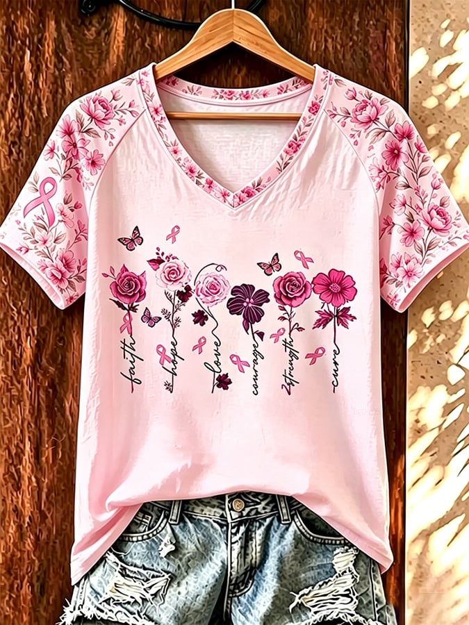 Women's Retro Flower Breast Cancer Awareness Printed T-Shirt
