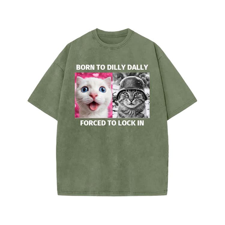 Retro Lock In Cat Photo Graphic Print Acid Washed T-shirt