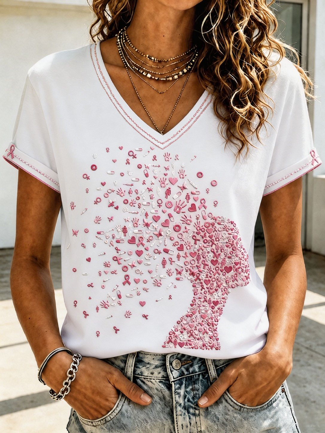 Women's Casual Retro  Floral Print Top (Breast Cancer Awareness)